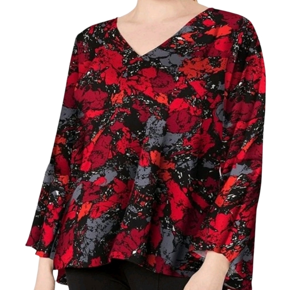Rebel Wilson X Angels Red and Black Abstract V-Neck Top Plus Size 3X Bell Sleeve